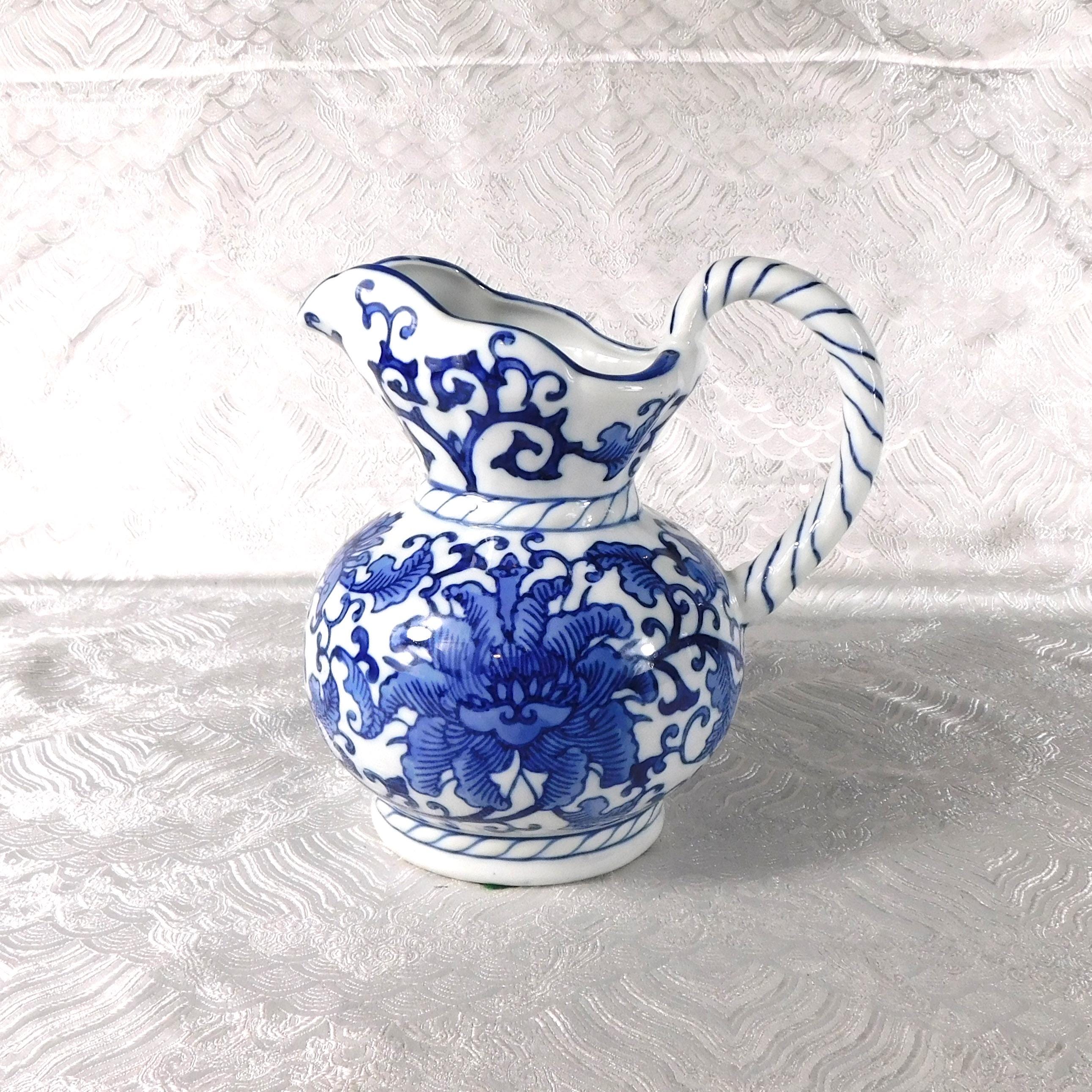 White and Blue Floral Ceramic Pitcher Made for Seymour Mann # 27681
