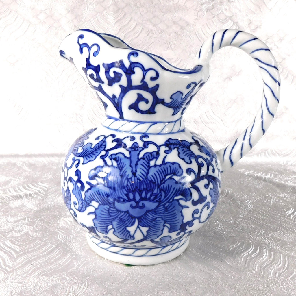 White and Blue Floral Ceramic Pitcher Made for Seymour Mann # 27681