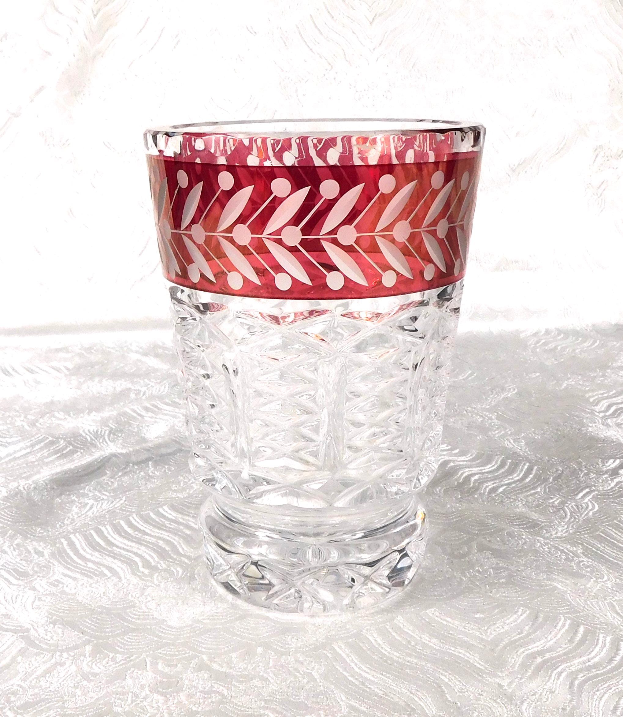 Short Cut Glass Vase with Red Cut to Clear Panel # 27638