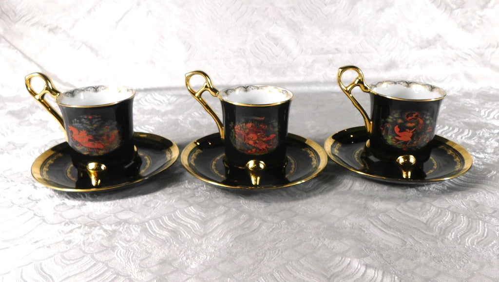 Lot of Three Dark Blue Footed Teacups and Saucers # 27682