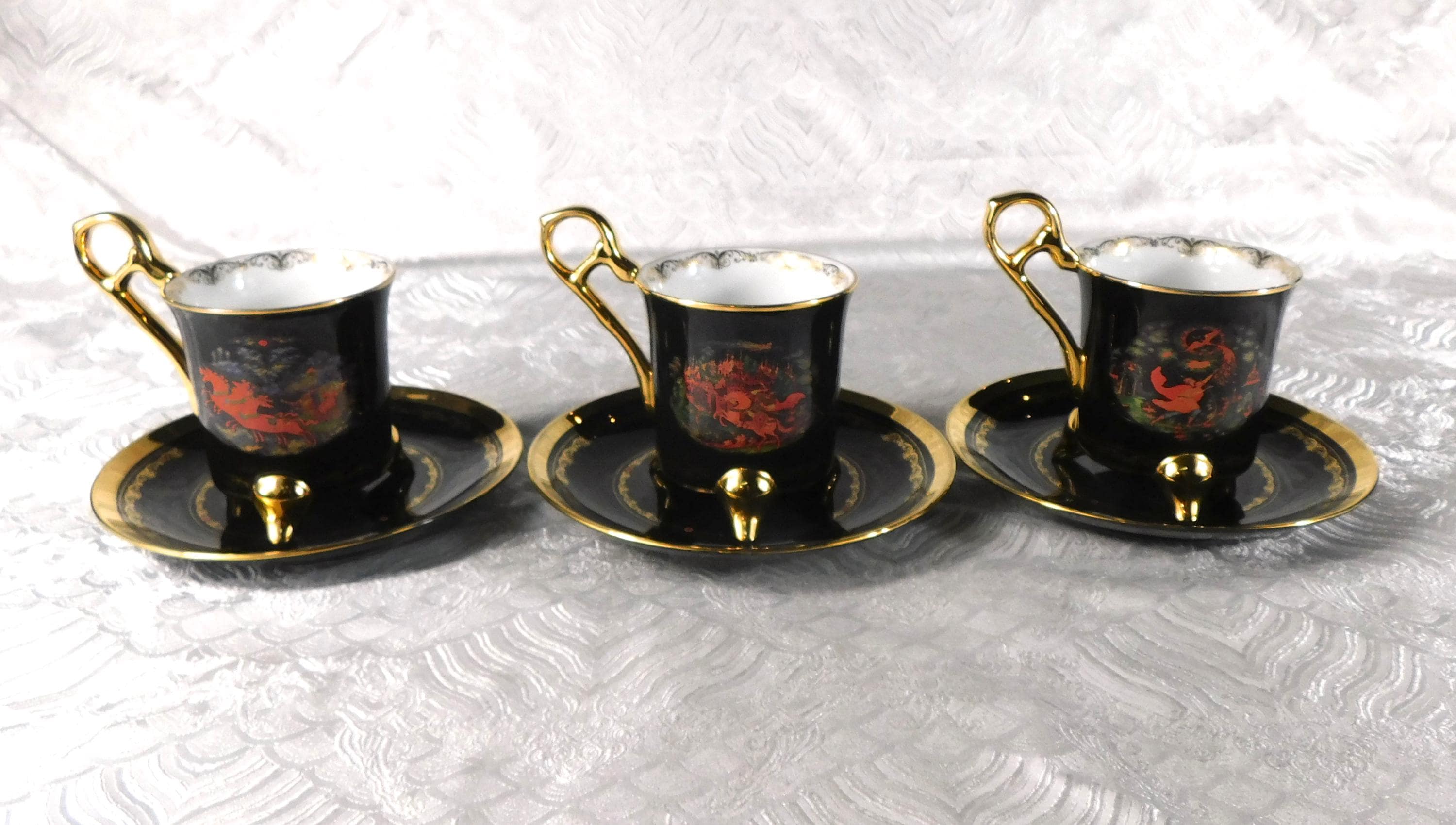 Lot of Three Dark Blue Footed Teacups and Saucers # 27682