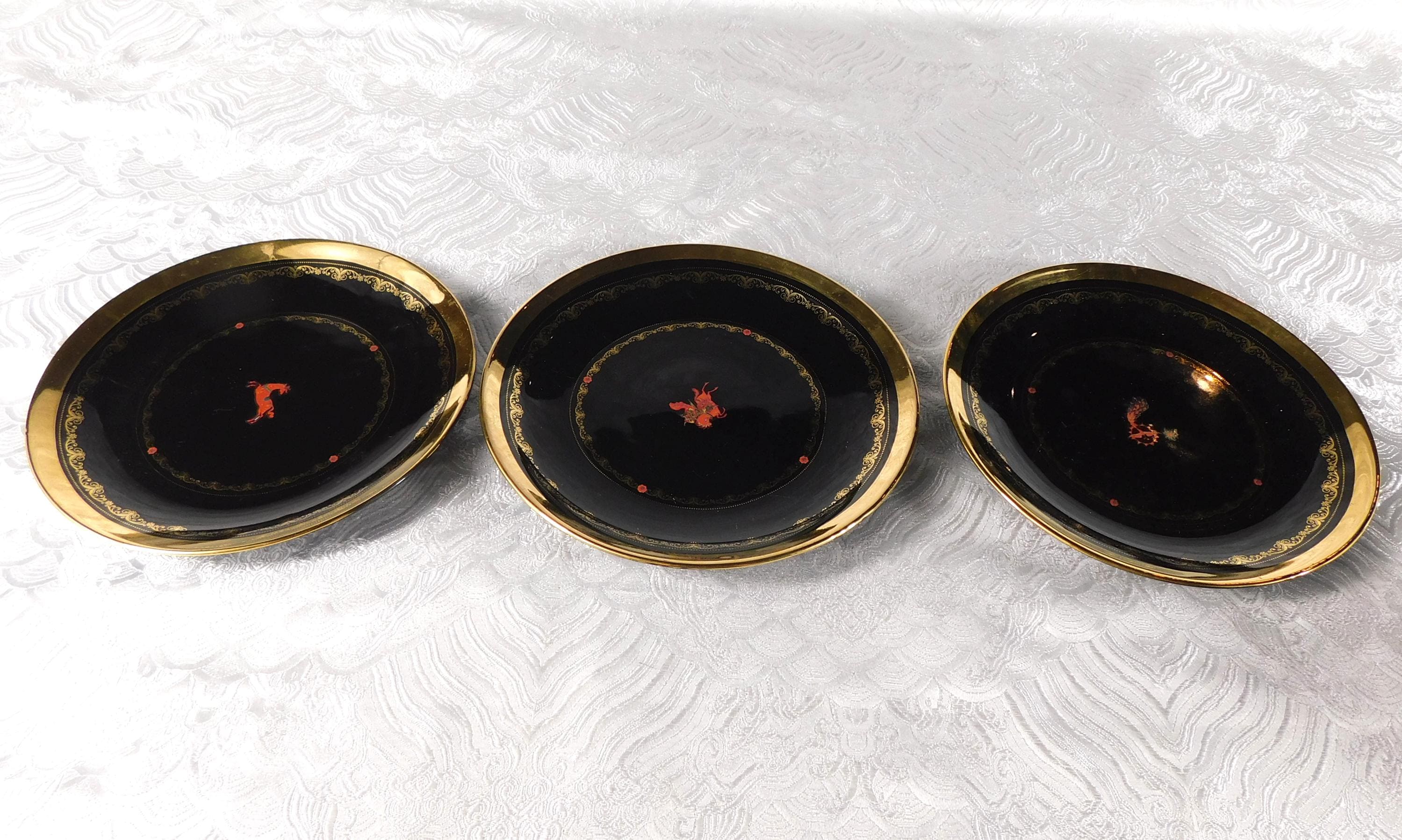 Lot of Three Dark Blue Footed Teacups and Saucers # 27682