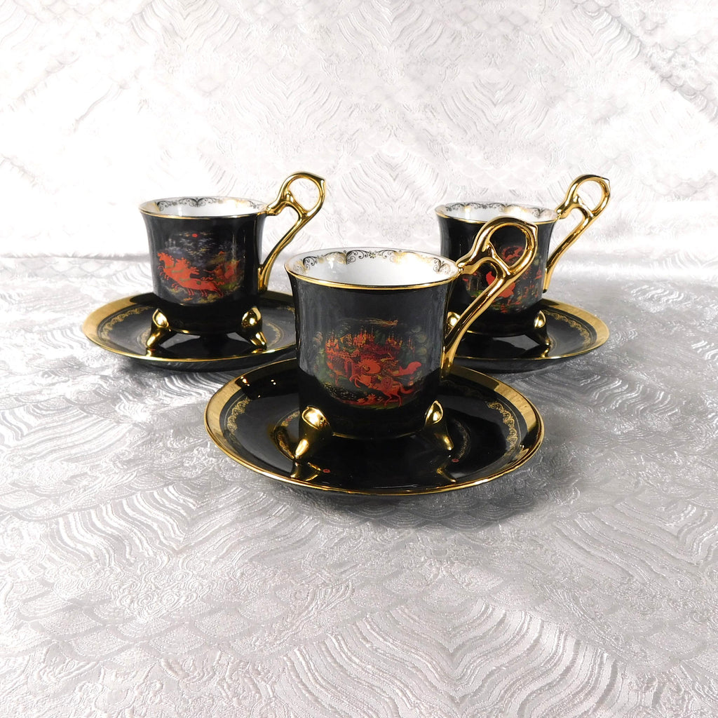 Lot of Three Dark Blue Footed Teacups and Saucers # 27682