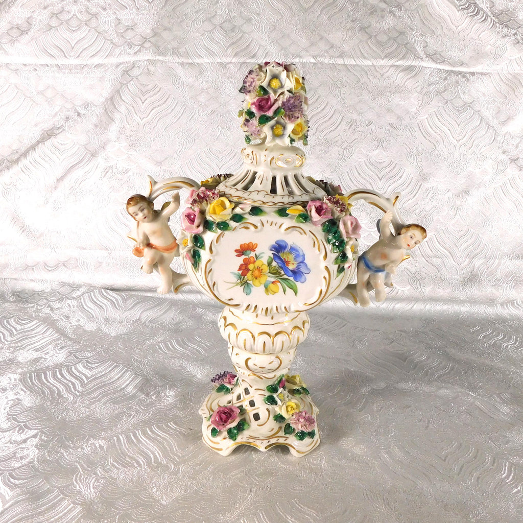 Dresden Footed Bowl with Angels and Three Dimensional Flowers # 27699