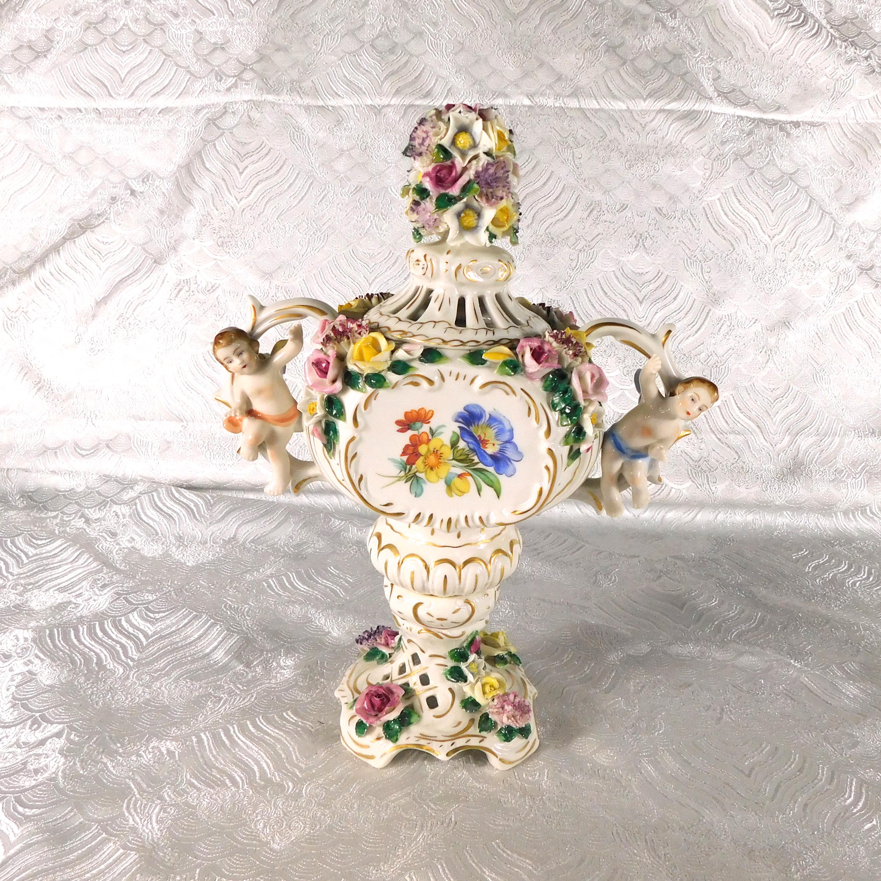 Dresden Footed Bowl with Angels and Three Dimensional Flowers # 27699