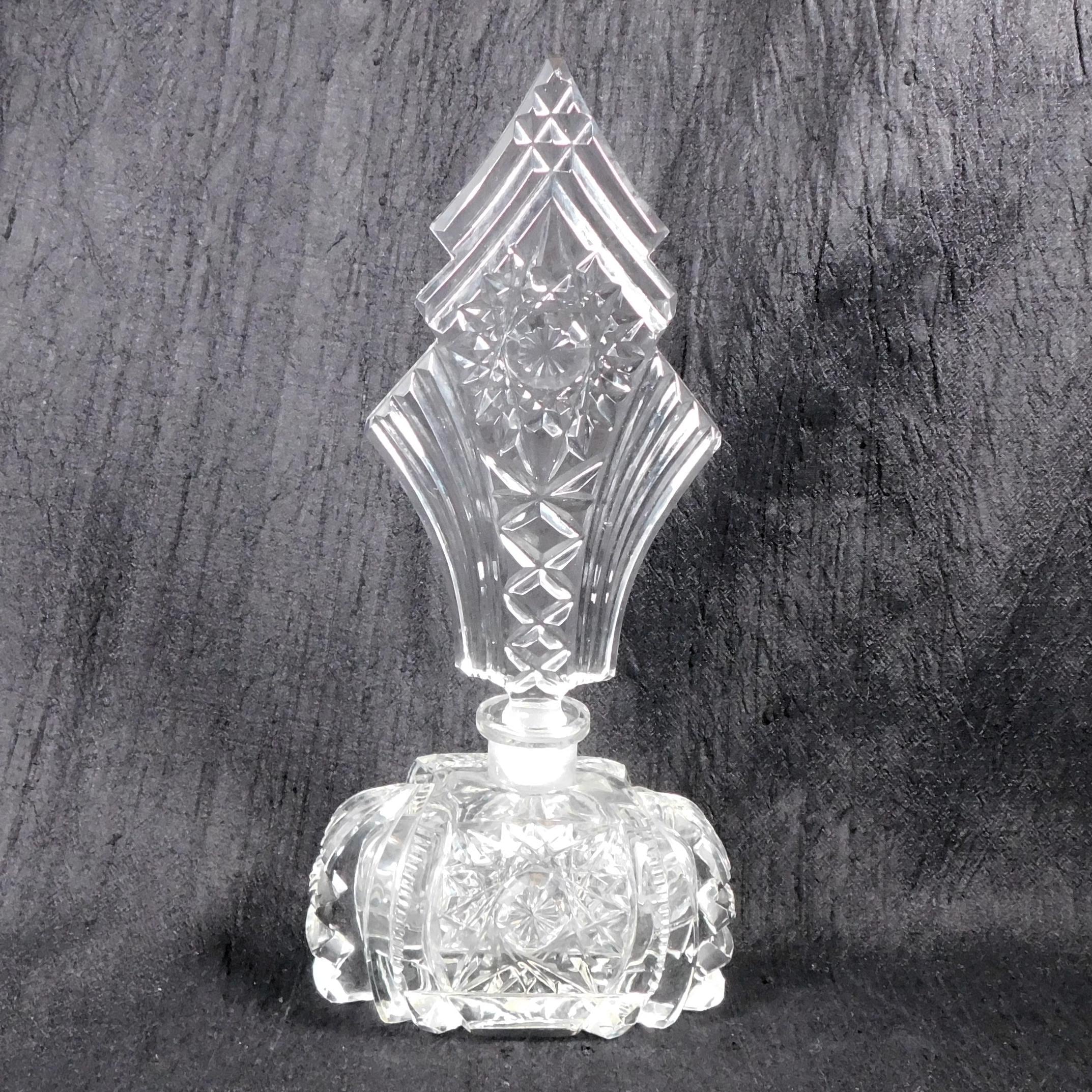 Clear Cut Glass Perfume Bottle with Tall Stopper # 26273