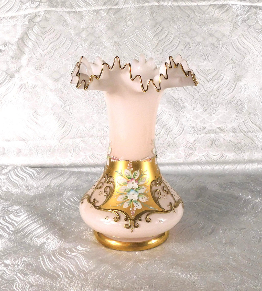 Pale Pink Glass Vase with Dimensional Flowers and Gold Trim # 27715