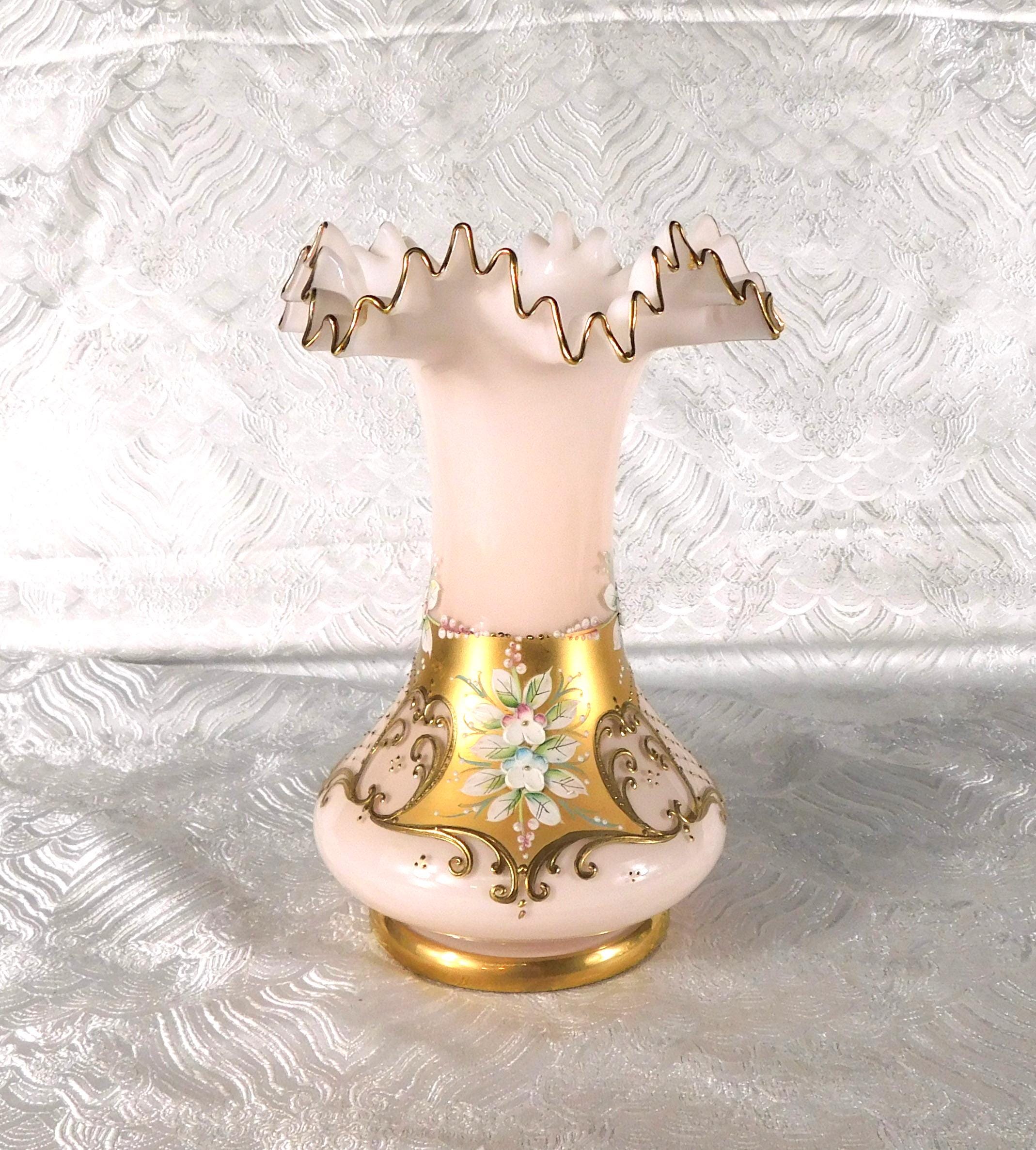 Pale Pink Glass Vase with Dimensional Flowers and Gold Trim # 27715