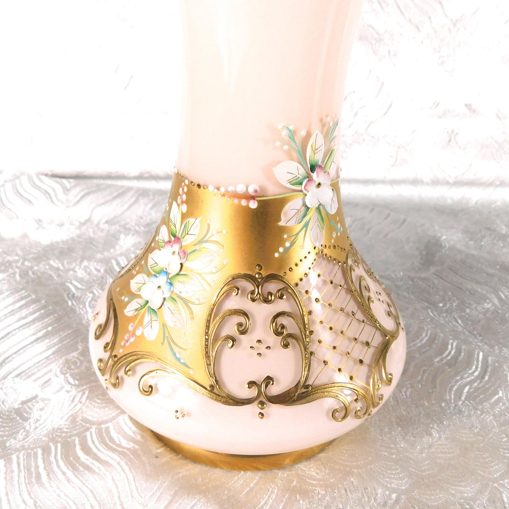 Pale Pink Glass Vase with Dimensional Flowers and Gold Trim # 27715
