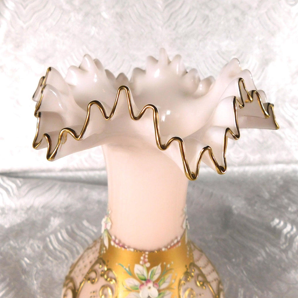 Pale Pink Glass Vase with Dimensional Flowers and Gold Trim # 27715
