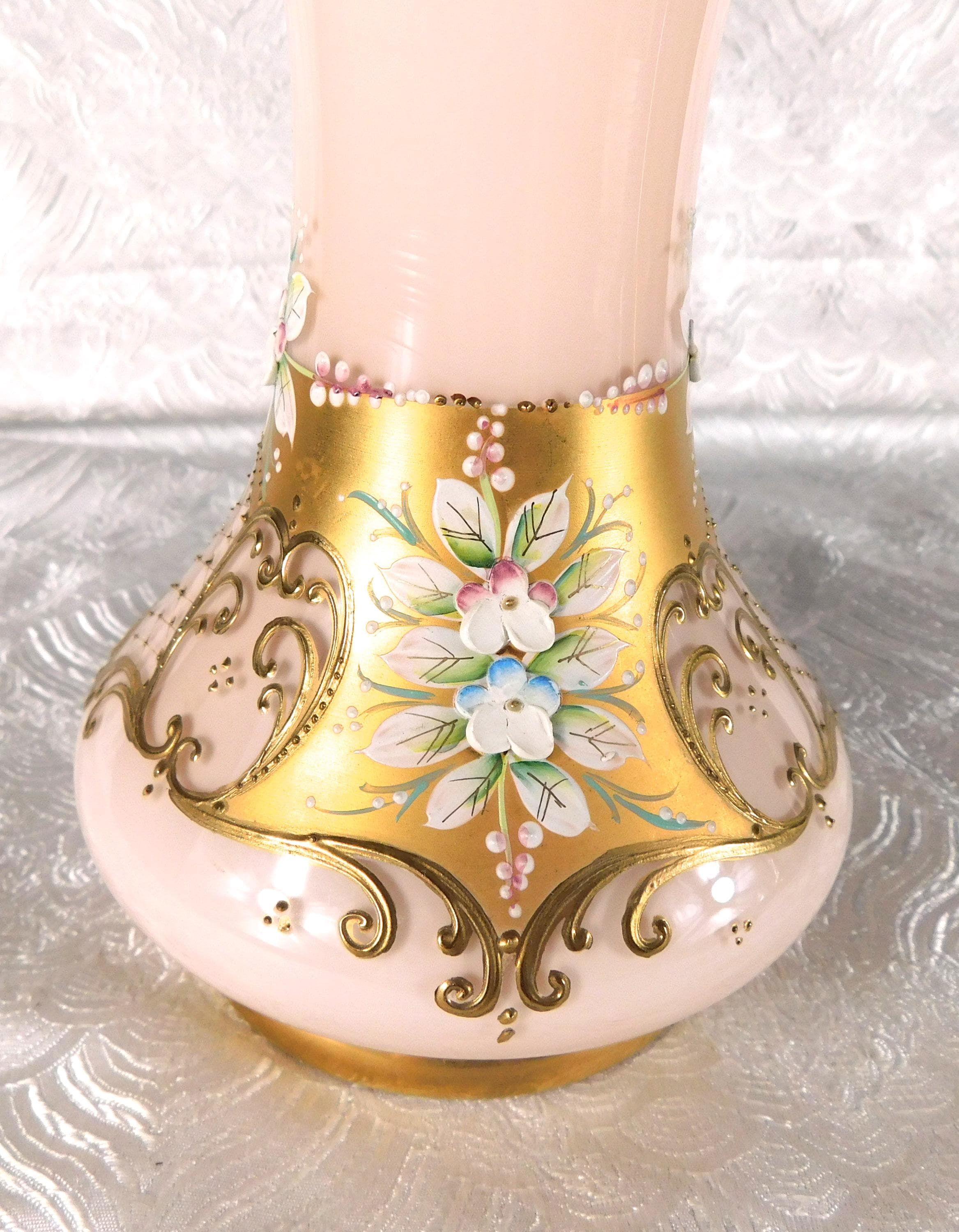 Pale Pink Glass Vase with Dimensional Flowers and Gold Trim # 27715