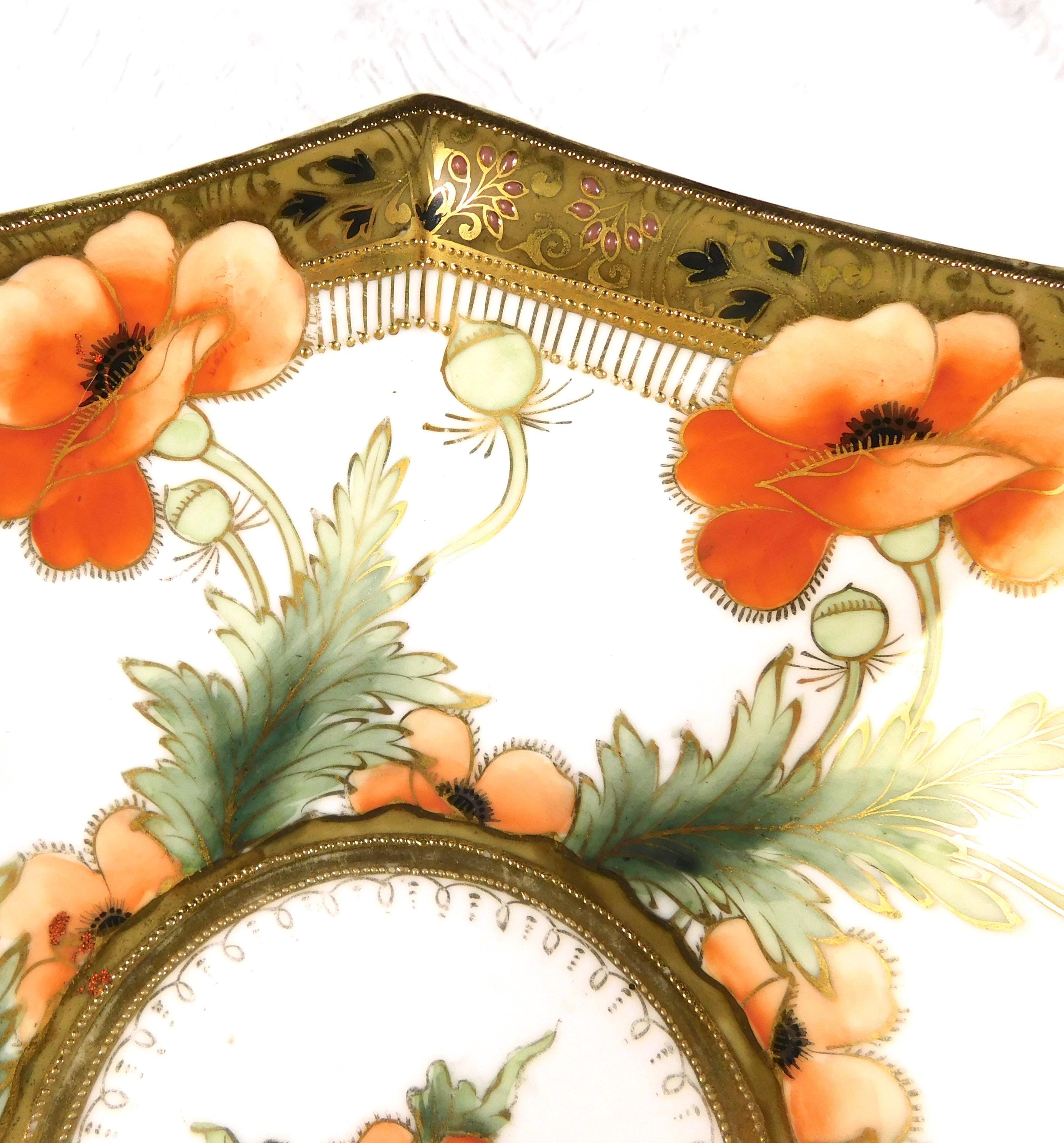 Large Nippon Bowl with Poppies and Gold Beading #  27677