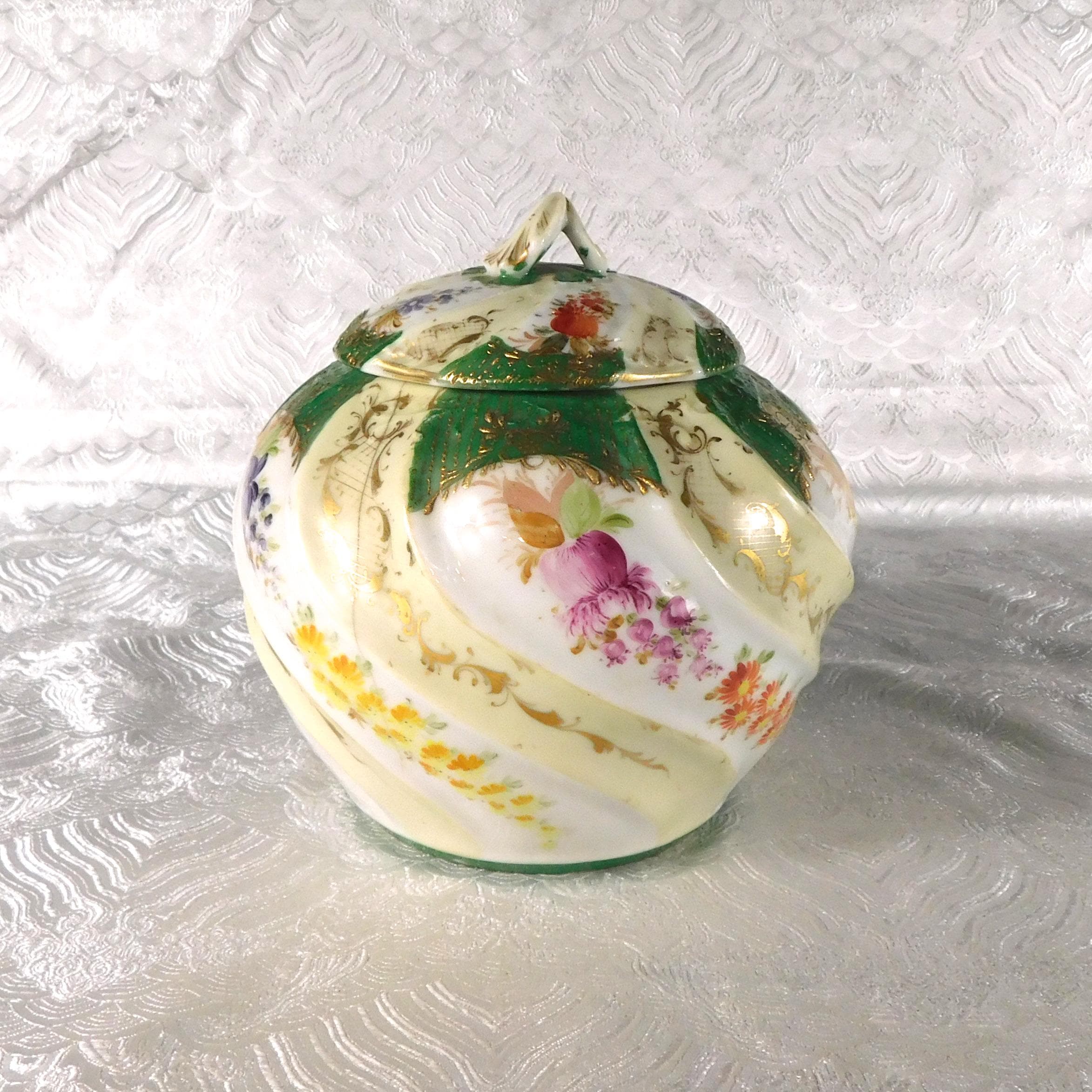 Green and White Porcelain Biscuit Jar-Cracked # 27700