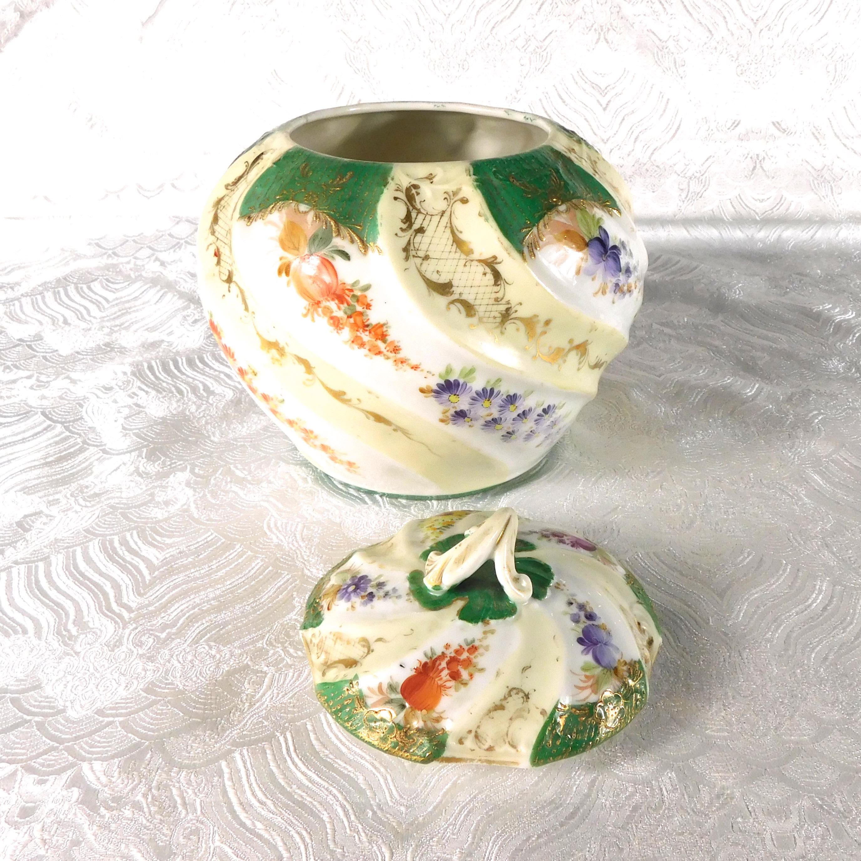 Green and White Porcelain Biscuit Jar-Cracked # 27700