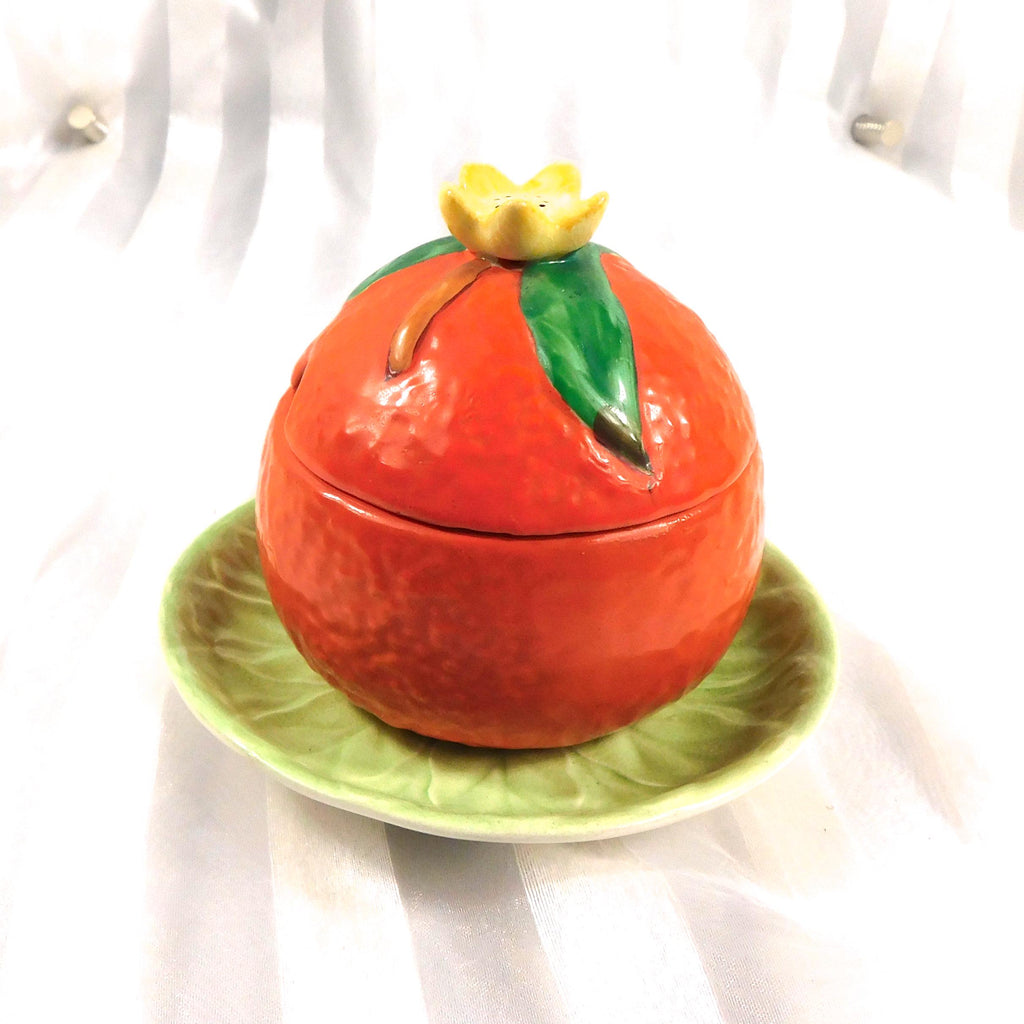 Carlton Ware Orange Shaped Jelly Jar or Honey Pot with Green Underplate # 27170