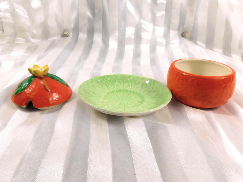 Carlton Ware Orange Shaped Jelly Jar or Honey Pot with Green Underplate # 27170