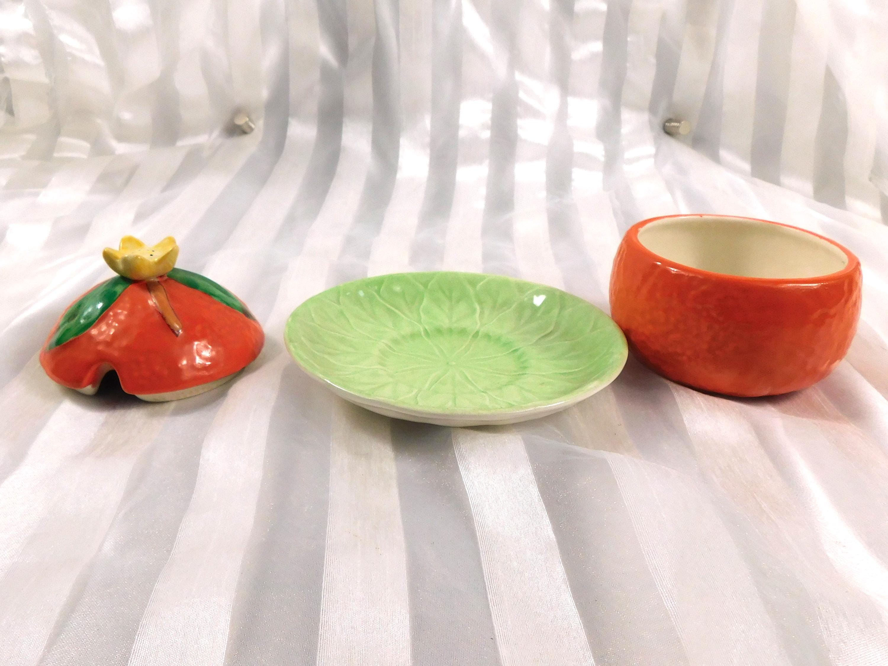 Carlton Ware Orange Shaped Jelly Jar or Honey Pot with Green Underplate # 27170