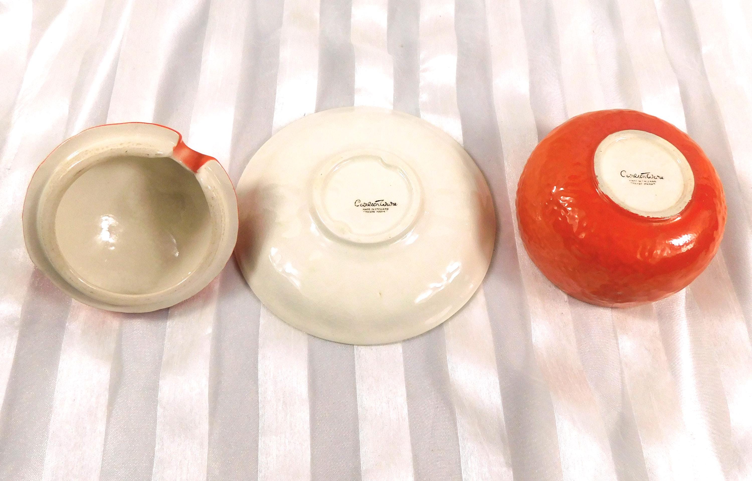 Carlton Ware Orange Shaped Jelly Jar or Honey Pot with Green Underplate # 27170