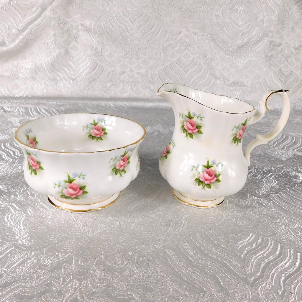 Royal Albert Sugar Bowl and Creamer with Two Teacups in Forget Me Not Rose