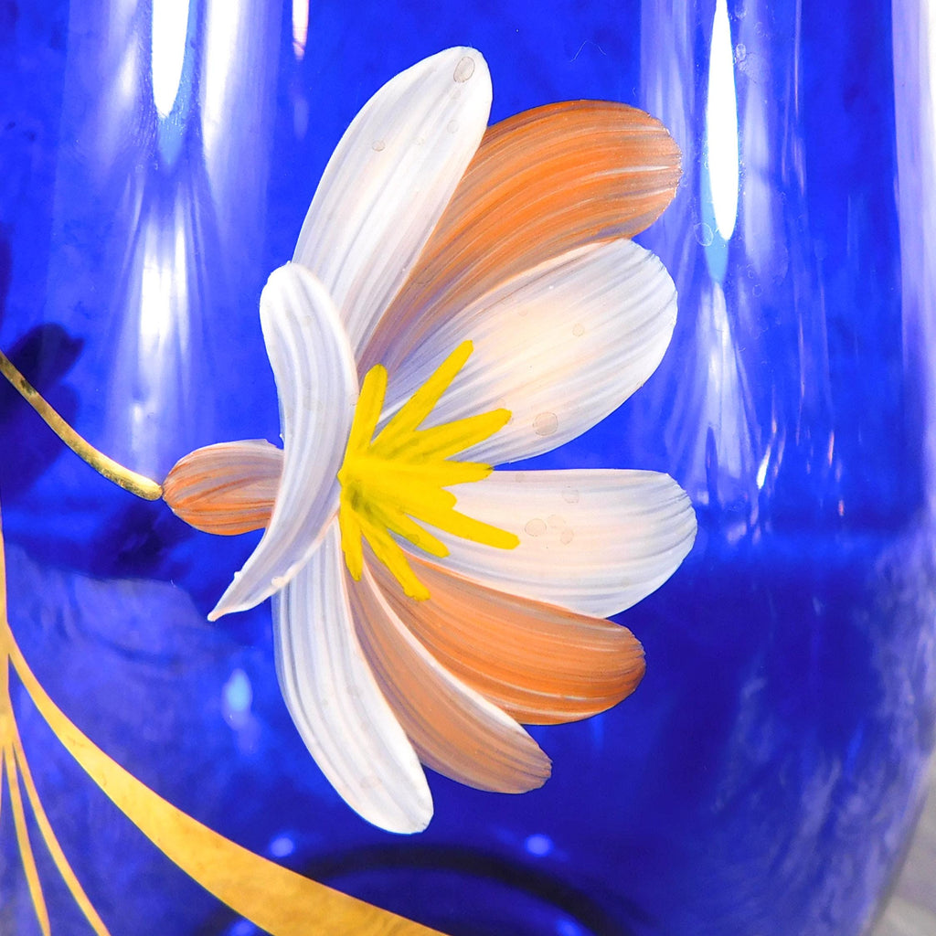 Blue Glass Bohemia Hand Painted Vase # 27739