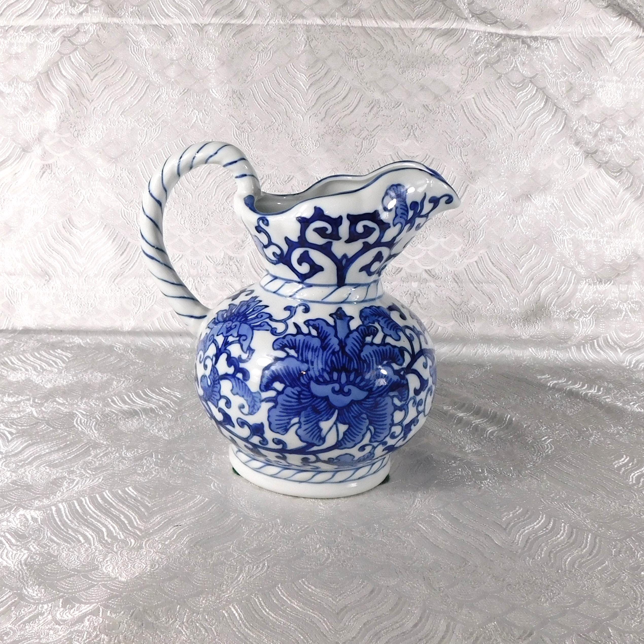 White and Blue Floral Ceramic Pitcher Made for Seymour Mann # 27681