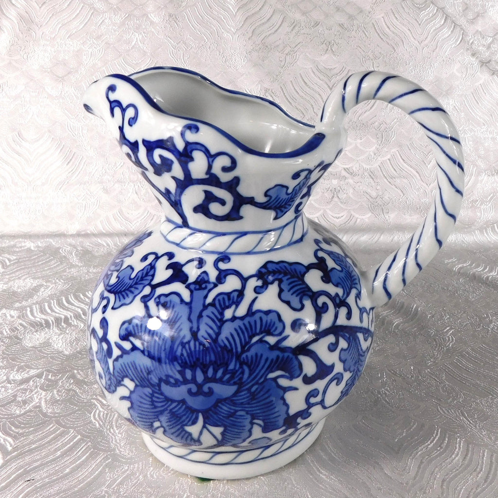 White and Blue Floral Ceramic Pitcher Made for Seymour Mann # 27681