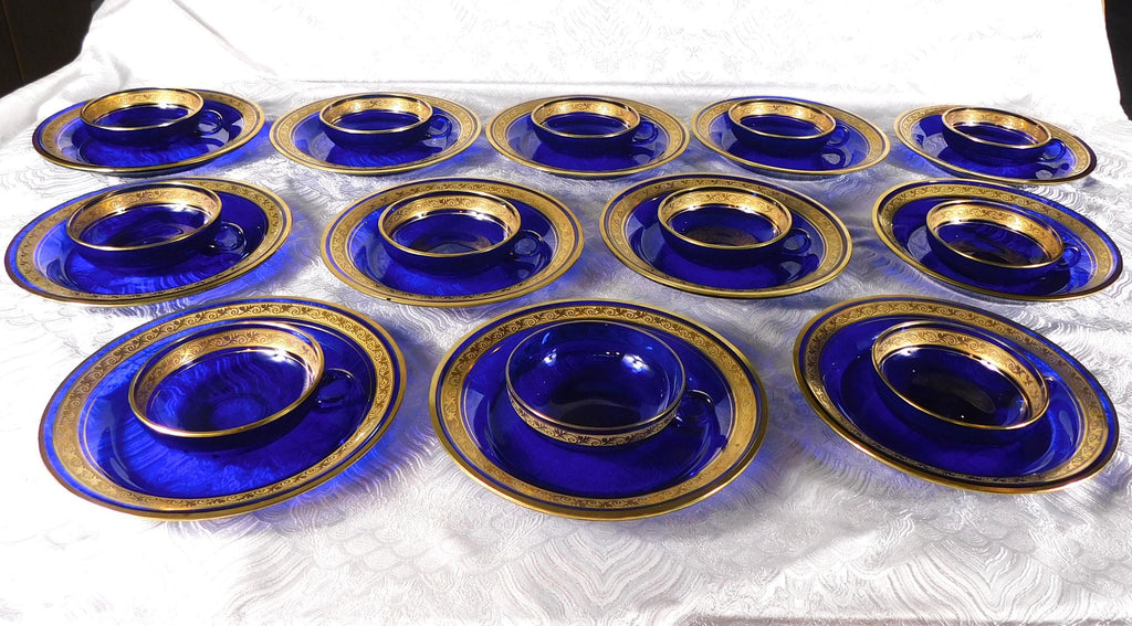 Lot of Twelve Blue Glass Shallow Cups with Plates # 27678
