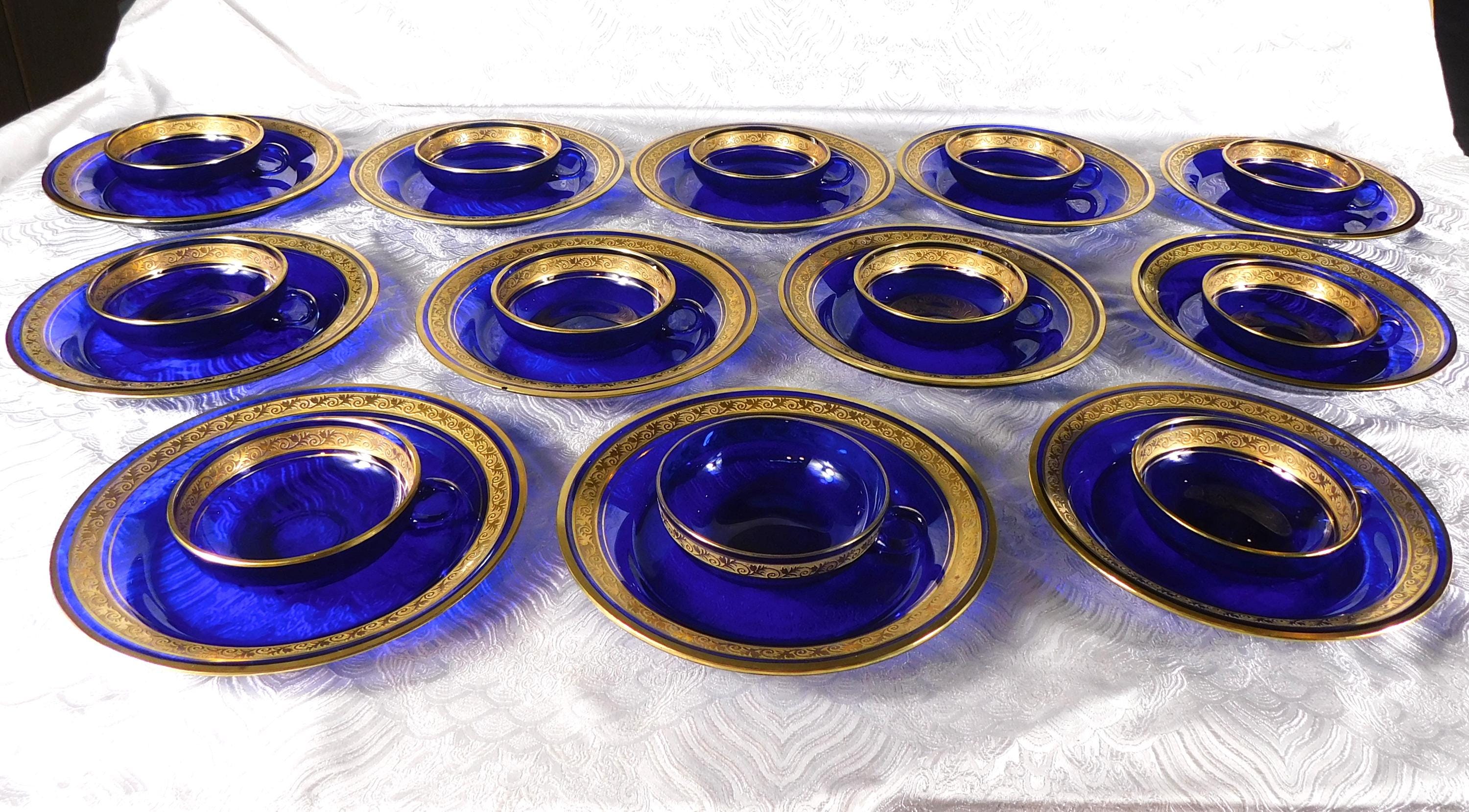 Lot of Twelve Blue Glass Shallow Cups with Plates # 27678