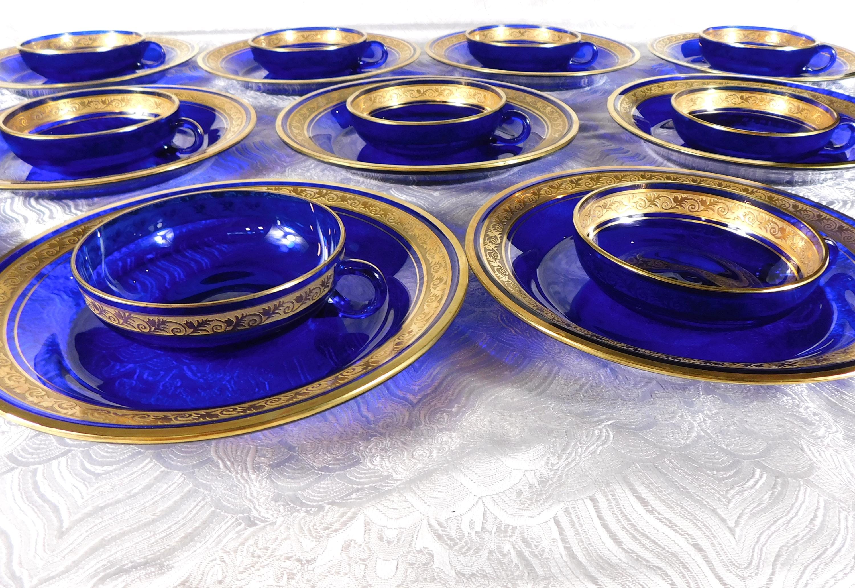 Lot of Twelve Blue Glass Shallow Cups with Plates # 27678