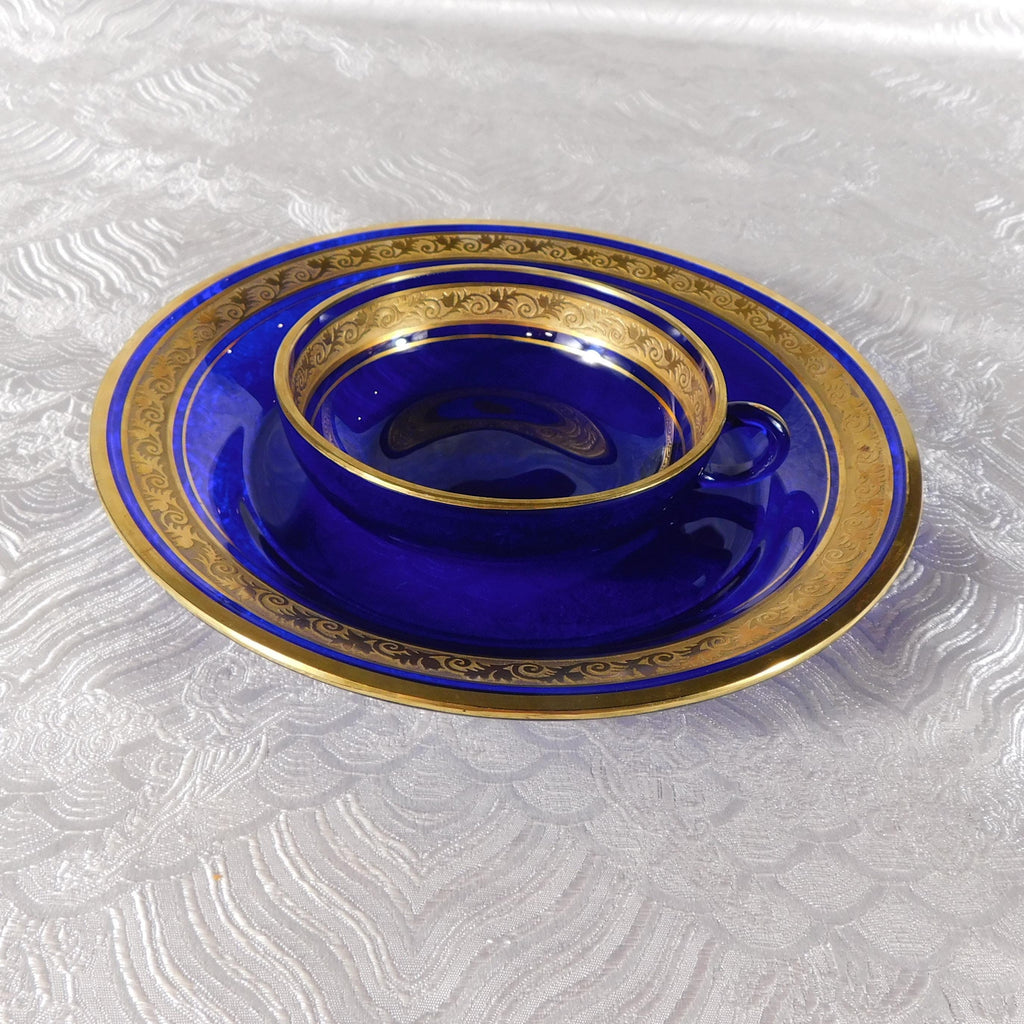 Lot of Twelve Blue Glass Shallow Cups with Plates # 27678