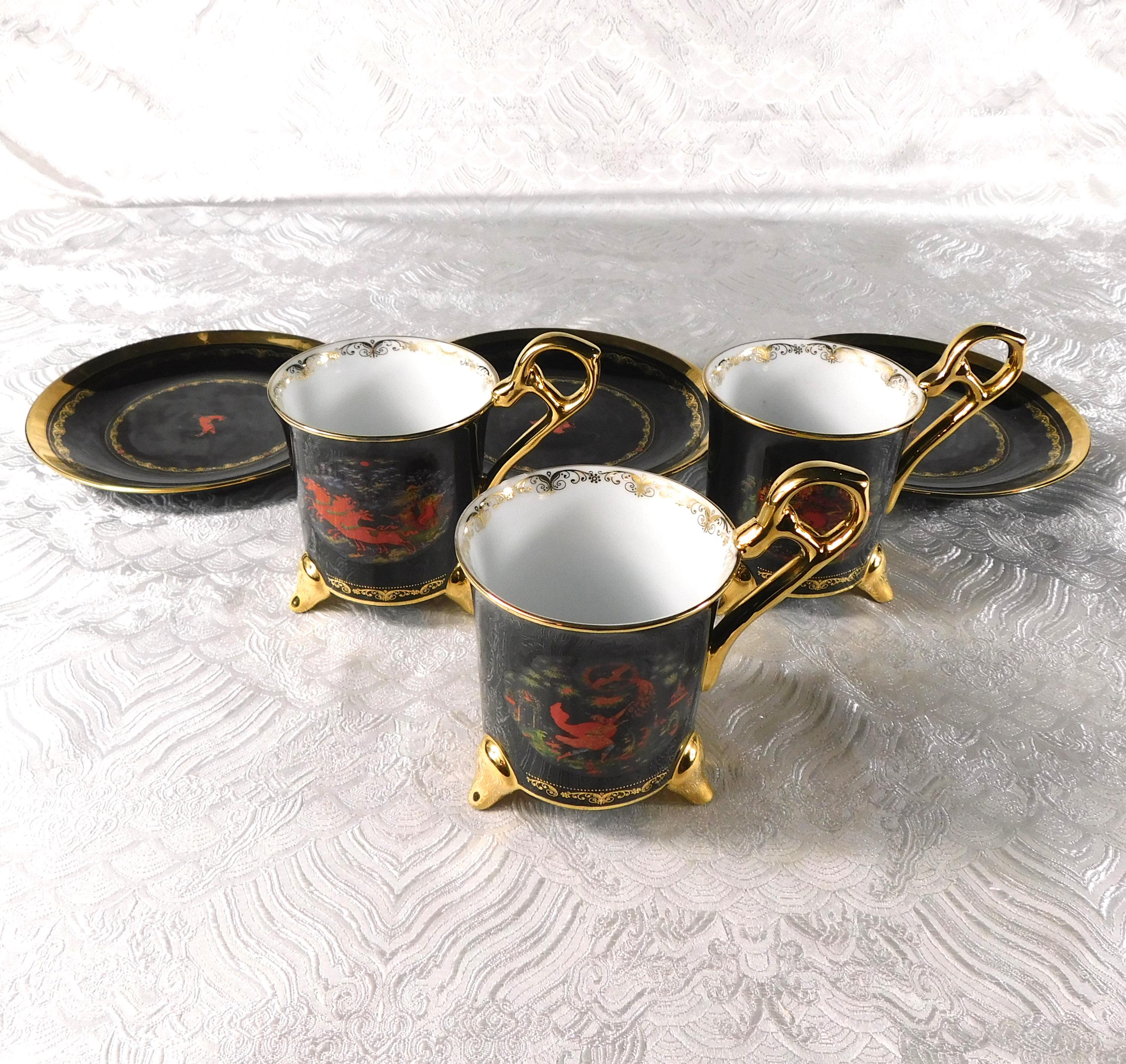 Lot of Three Dark Blue Footed Teacups and Saucers # 27682