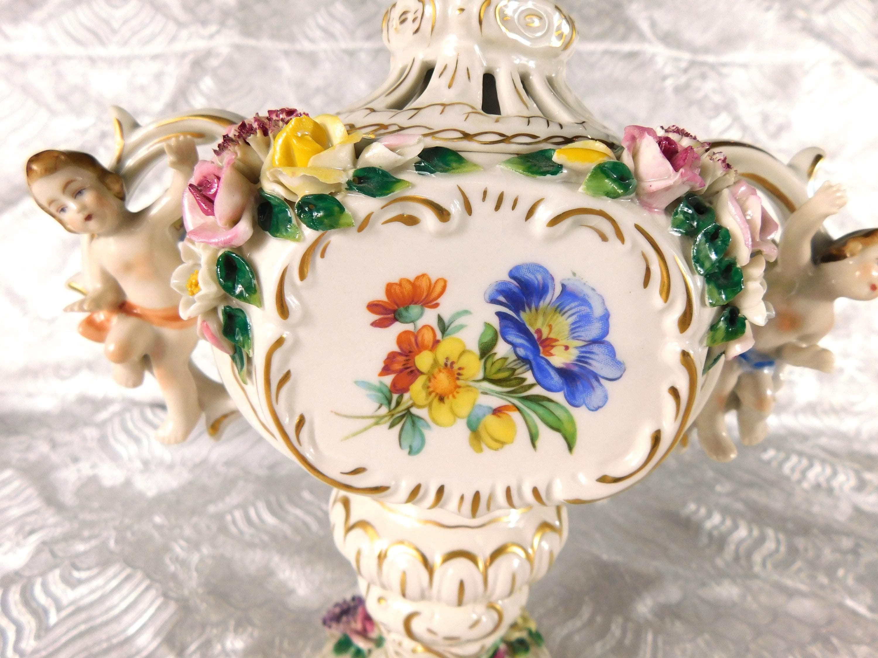 Dresden Footed Bowl with Angels and Three Dimensional Flowers # 27699