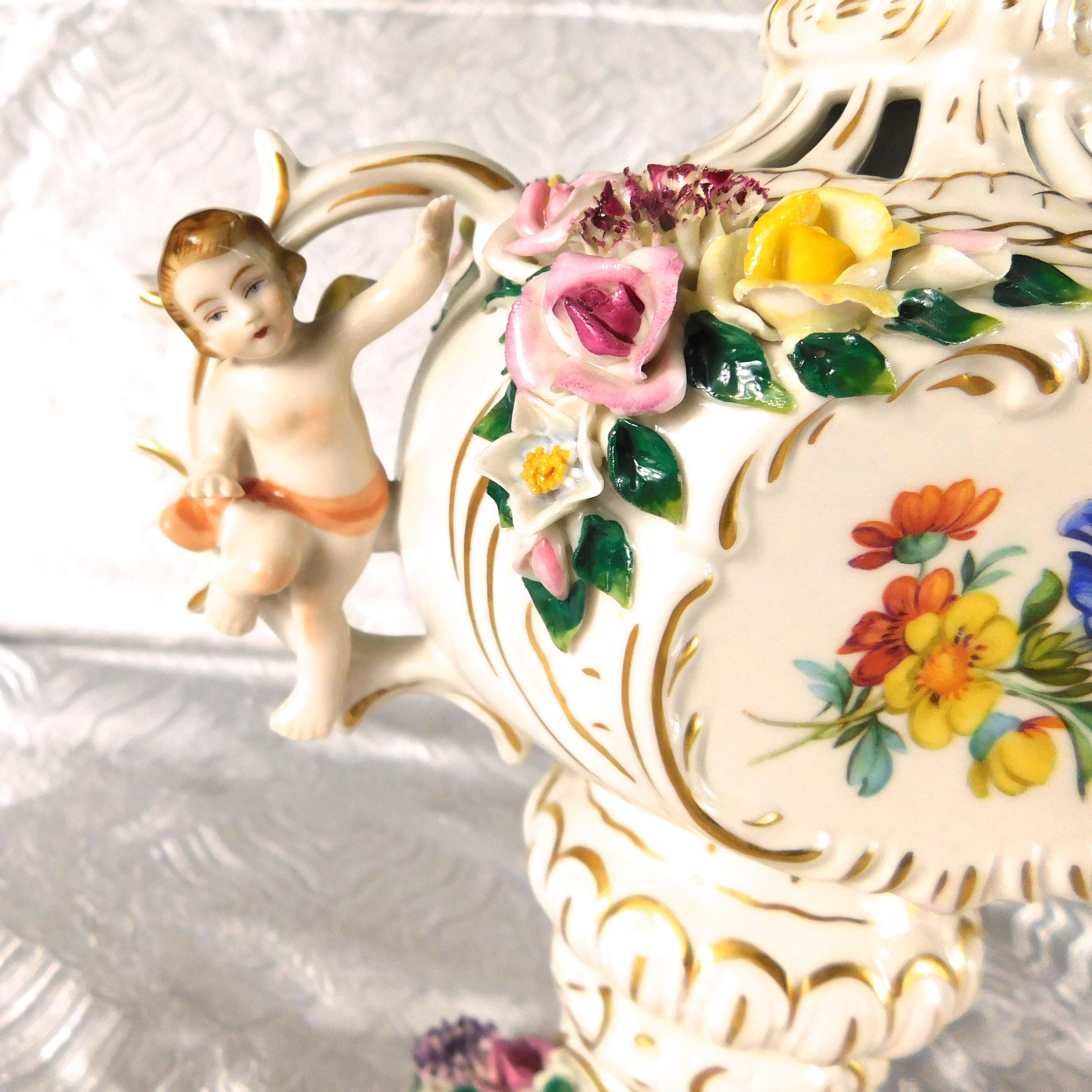 Dresden Footed Bowl with Angels and Three Dimensional Flowers # 27699