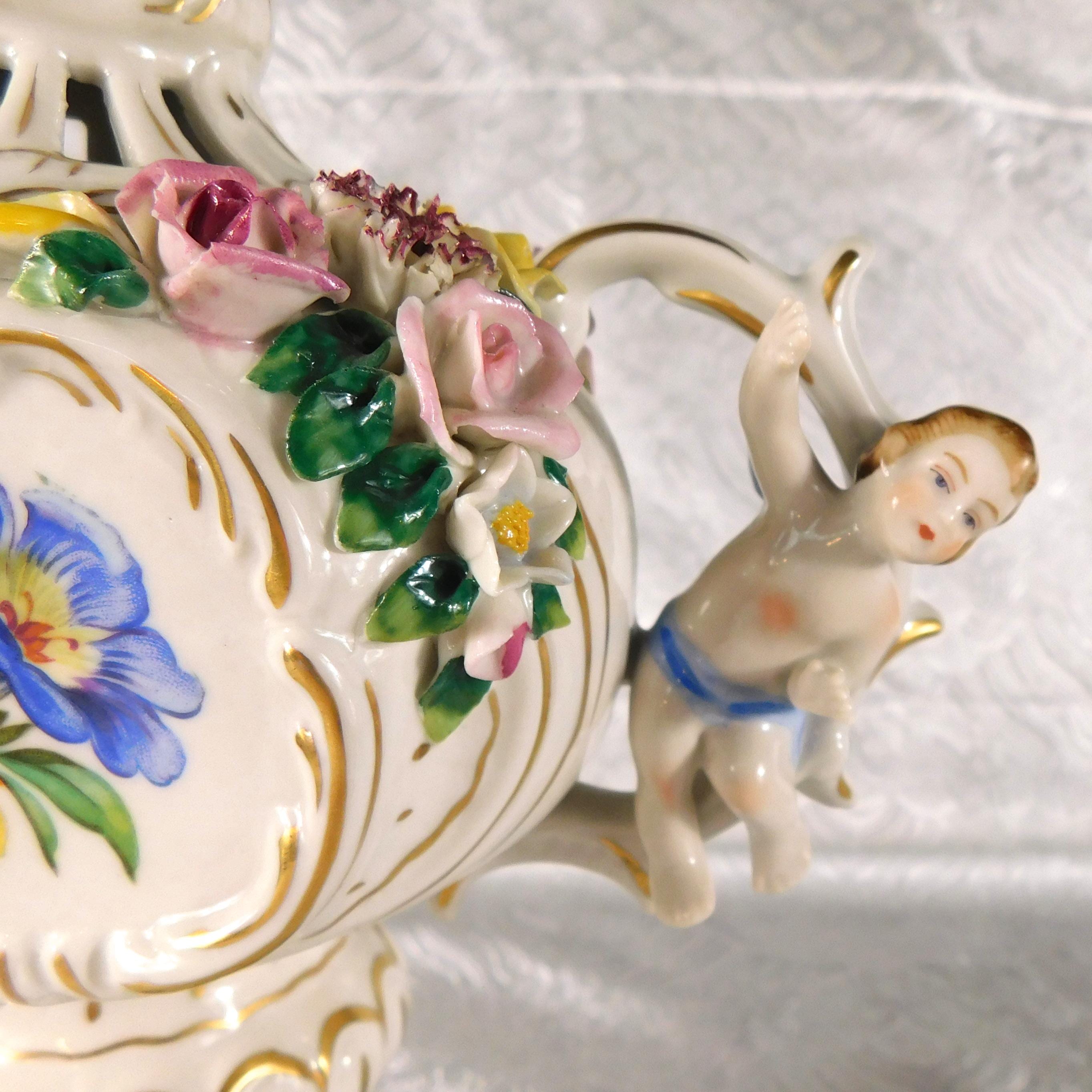 Dresden Footed Bowl with Angels and Three Dimensional Flowers # 27699