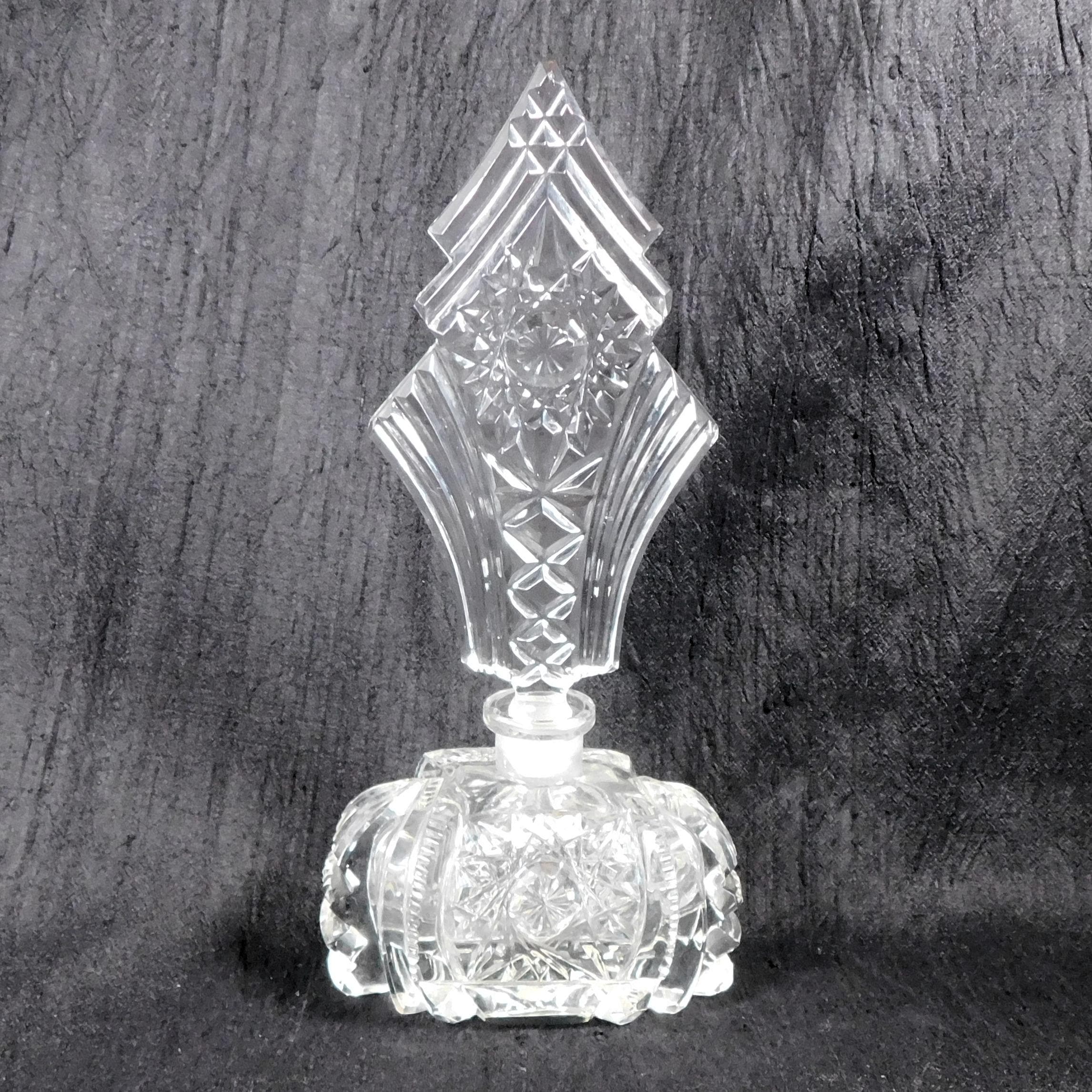 Clear Cut Glass Perfume Bottle with Tall Stopper # 26273