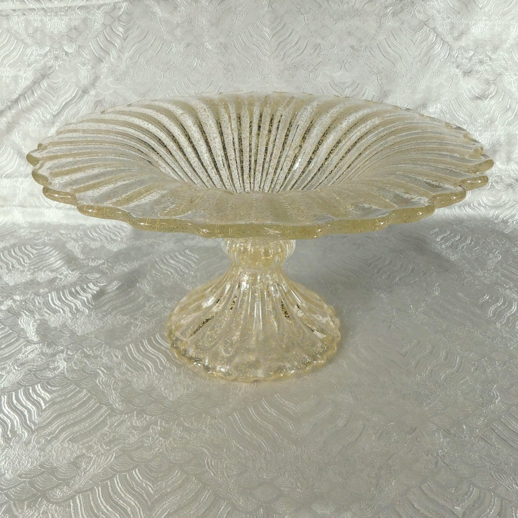 Large Footed Clear Glass Bowl with Gold Glitter # 27717