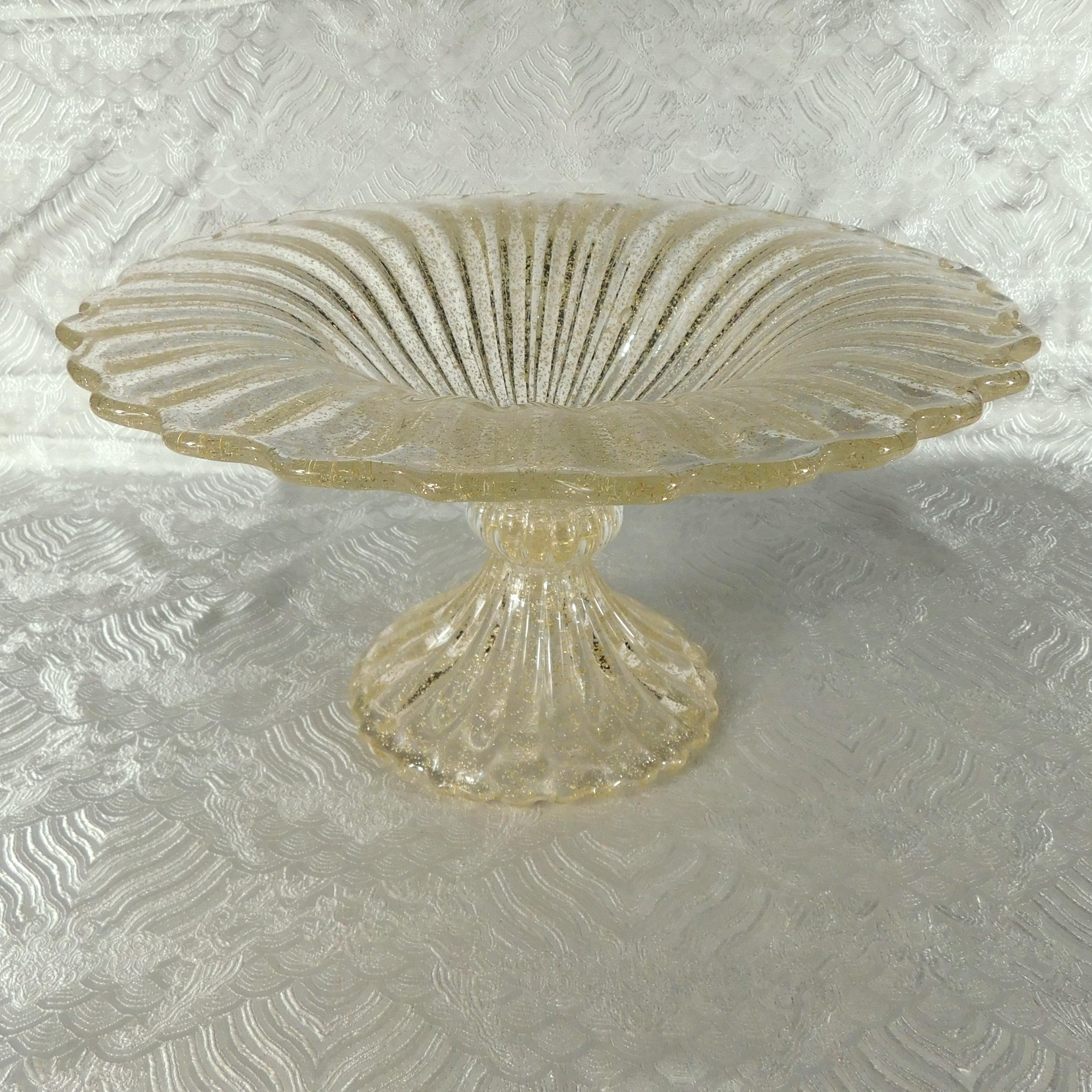 Large Footed Clear Glass Bowl with Gold Glitter # 27717