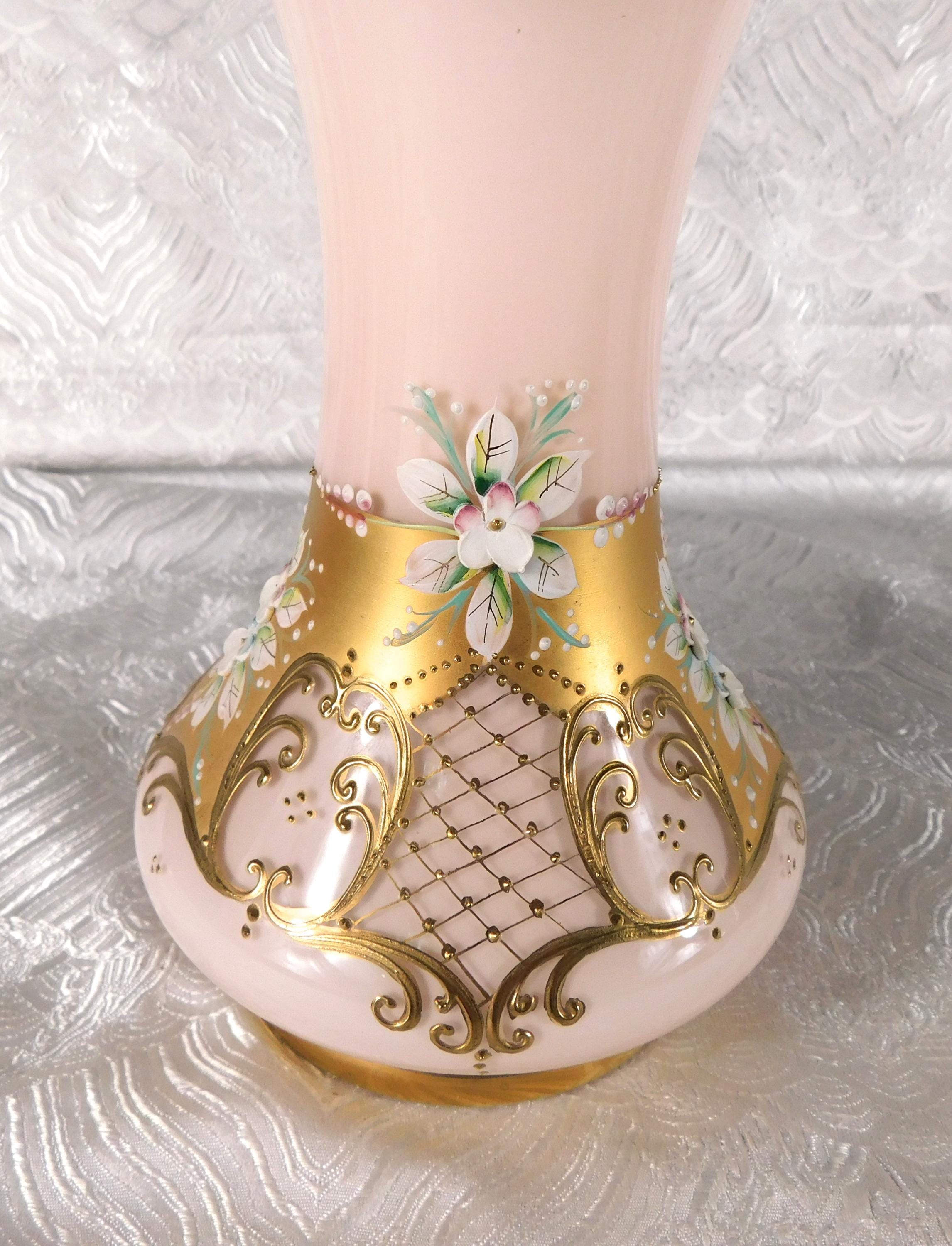Pale Pink Glass Vase with Dimensional Flowers and Gold Trim # 27715