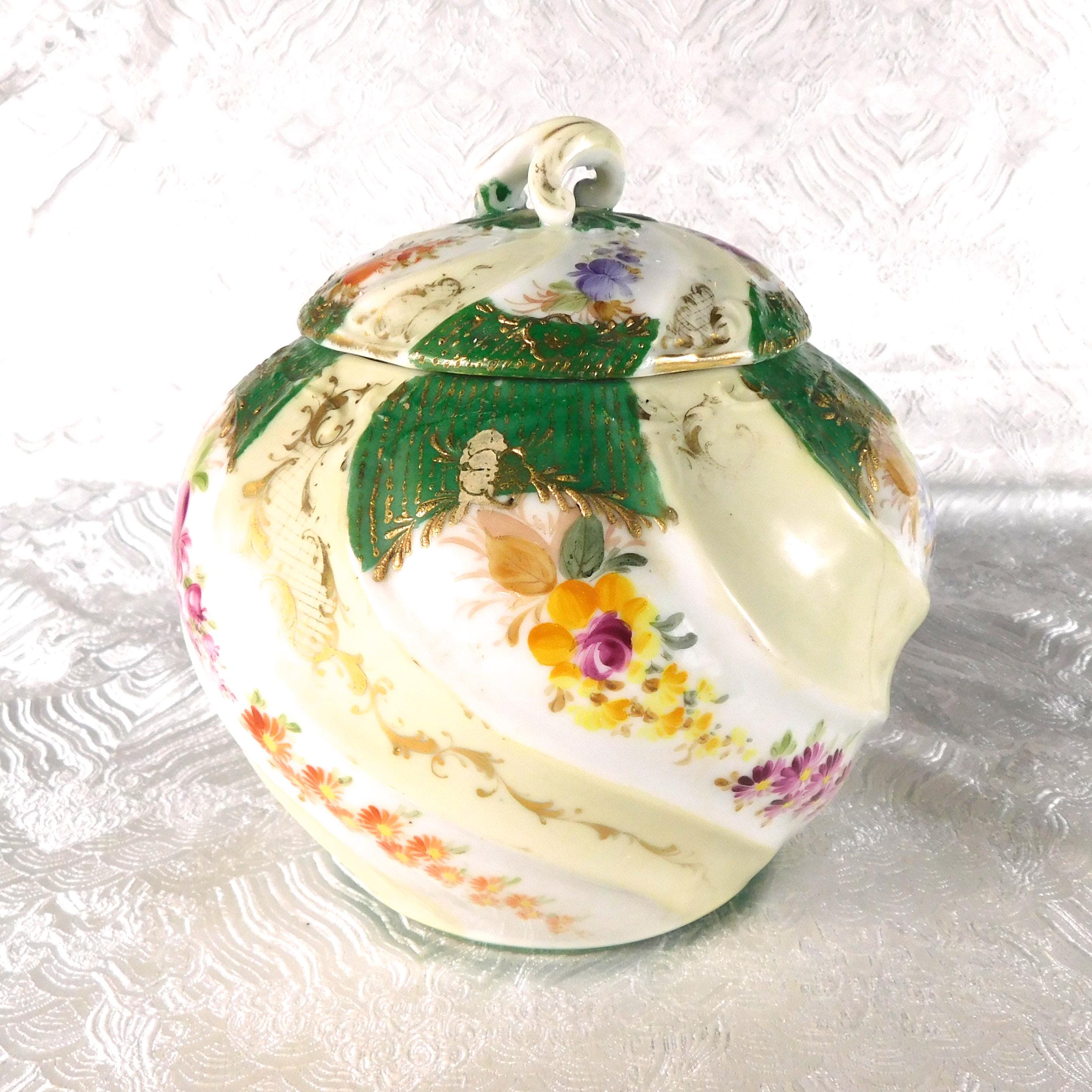 Green and White Porcelain Biscuit Jar-Cracked # 27700
