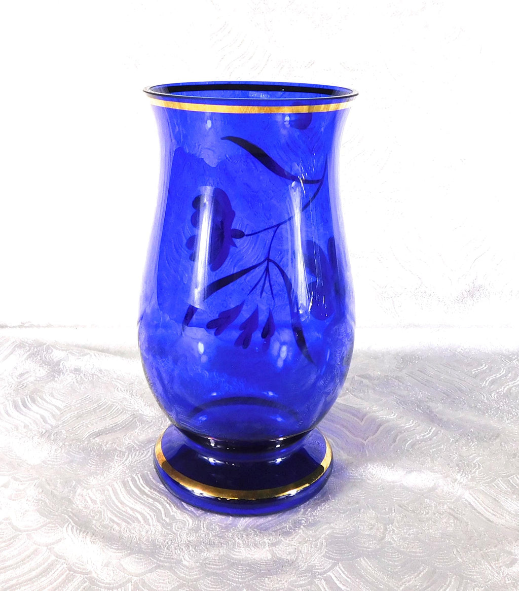 Blue Glass Bohemia Hand Painted Vase # 27739
