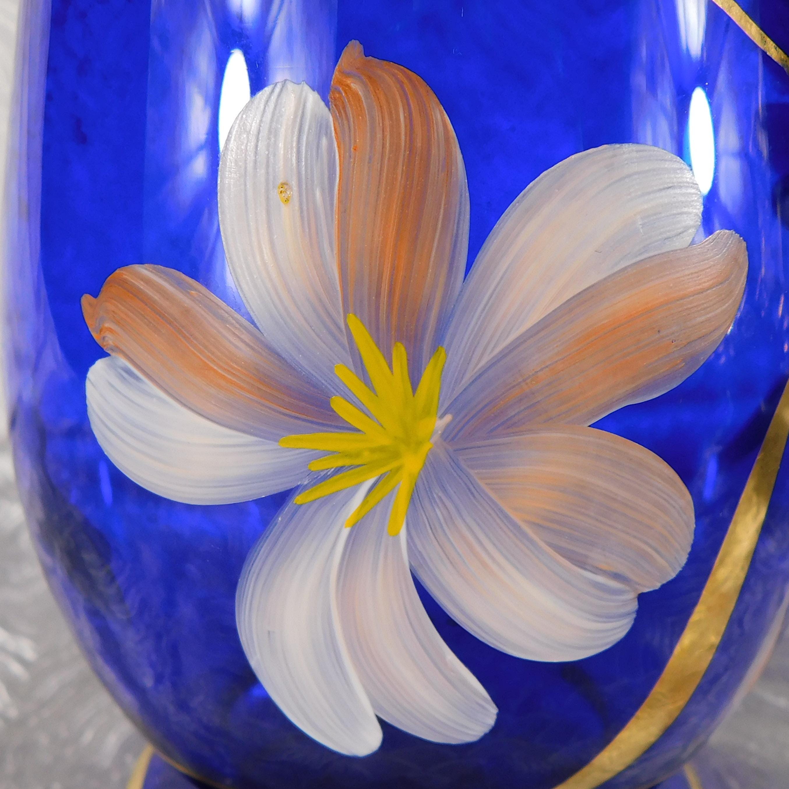 Blue Glass Bohemia Hand Painted Vase # 27739