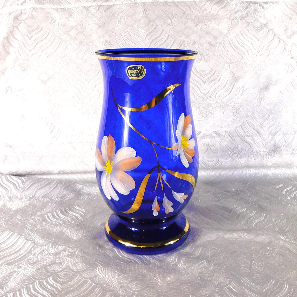 Blue Glass Bohemia Hand Painted Vase # 27739