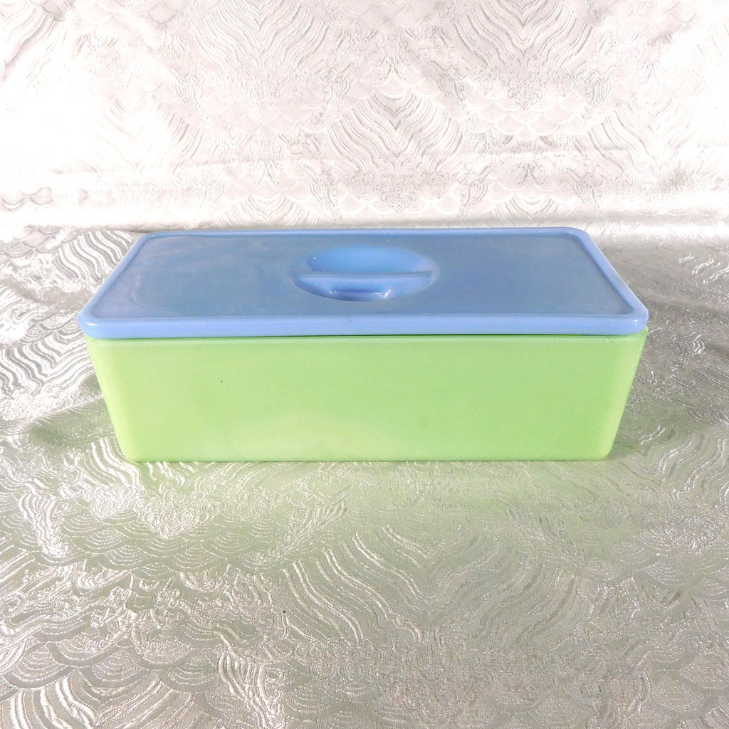 Green Glass Refrigerator Bin with Blue Lid # 27696