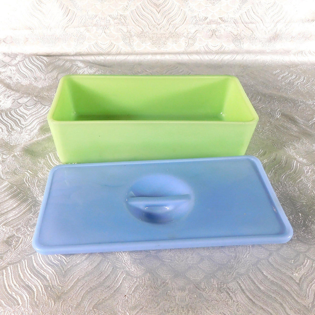 Green Glass Refrigerator Bin with Blue Lid # 27696