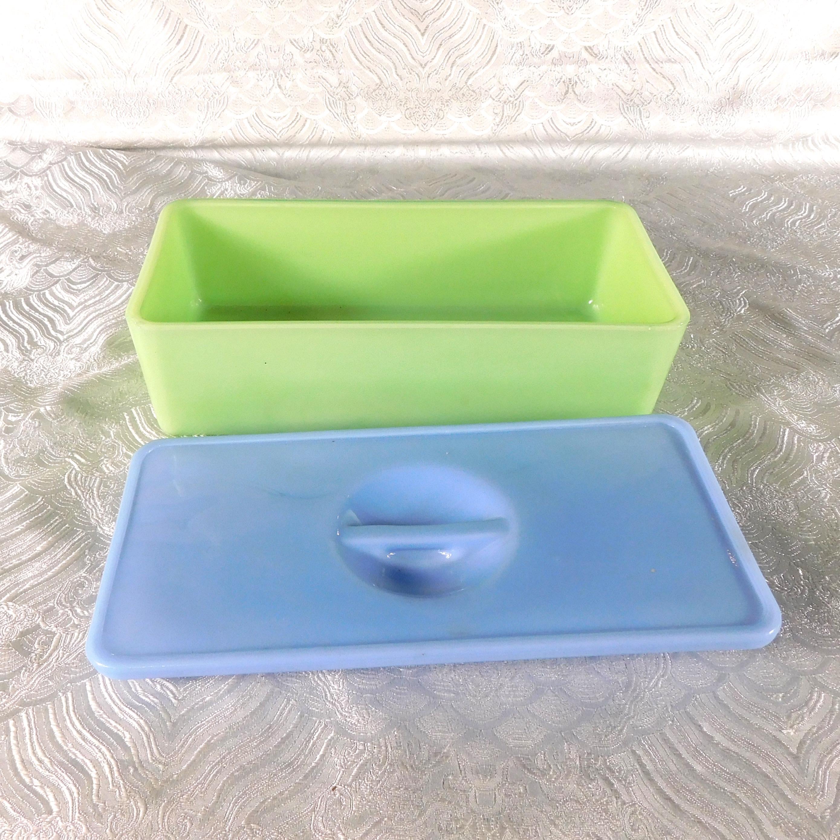 Green Glass Refrigerator Bin with Blue Lid # 27696