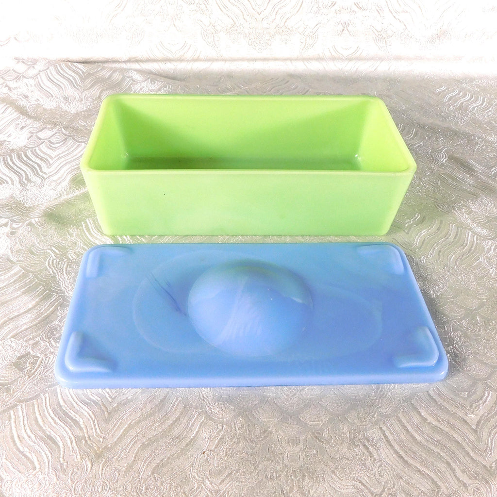 Green Glass Refrigerator Bin with Blue Lid # 27696