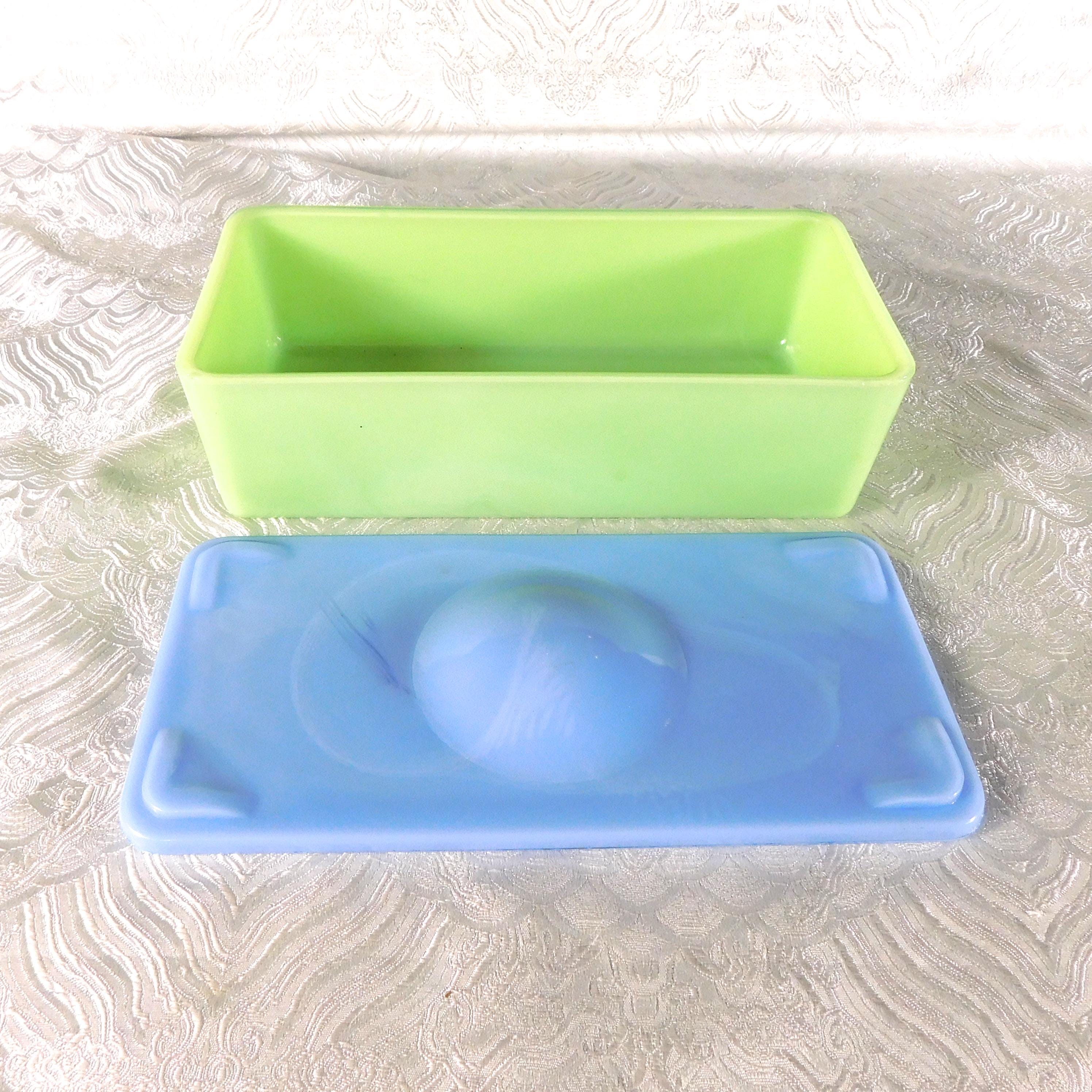 Green Glass Refrigerator Bin with Blue Lid # 27696